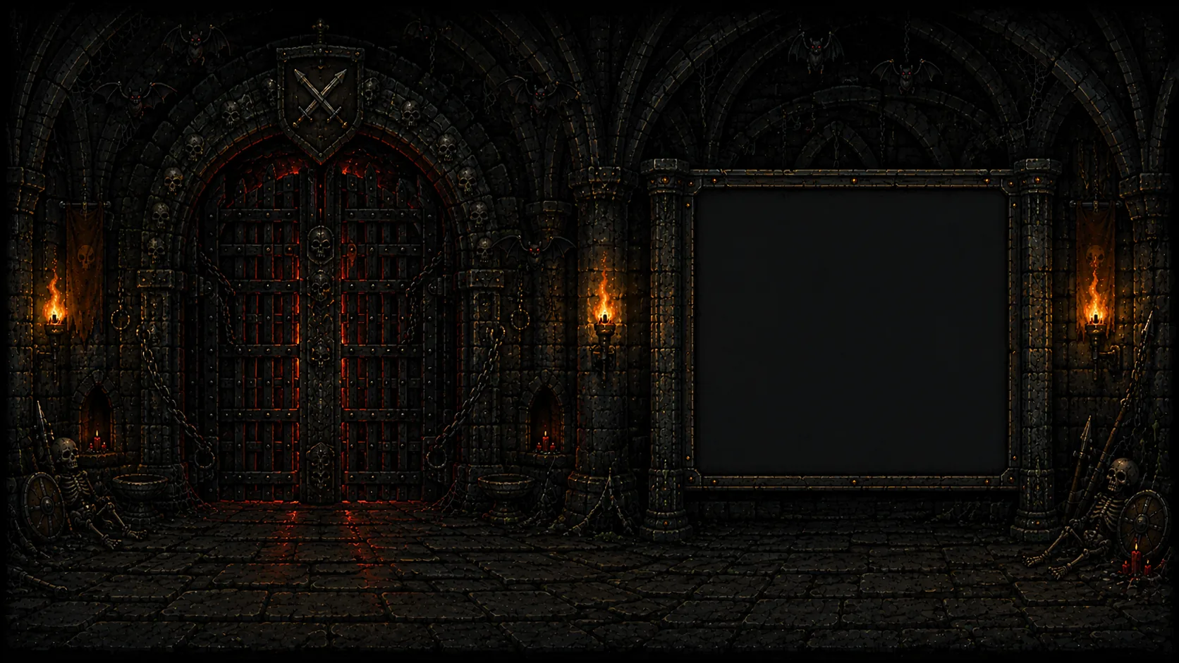 A chained dungeon gate beside an empty iron-framed board, lit by torches