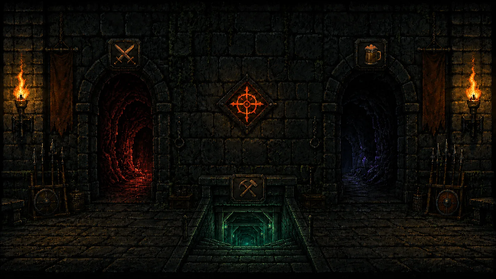 The great hall: a red-lit passage marked with crossed swords, a violet-lit passage marked with a mug, and a green-lit stair marked with a hammer