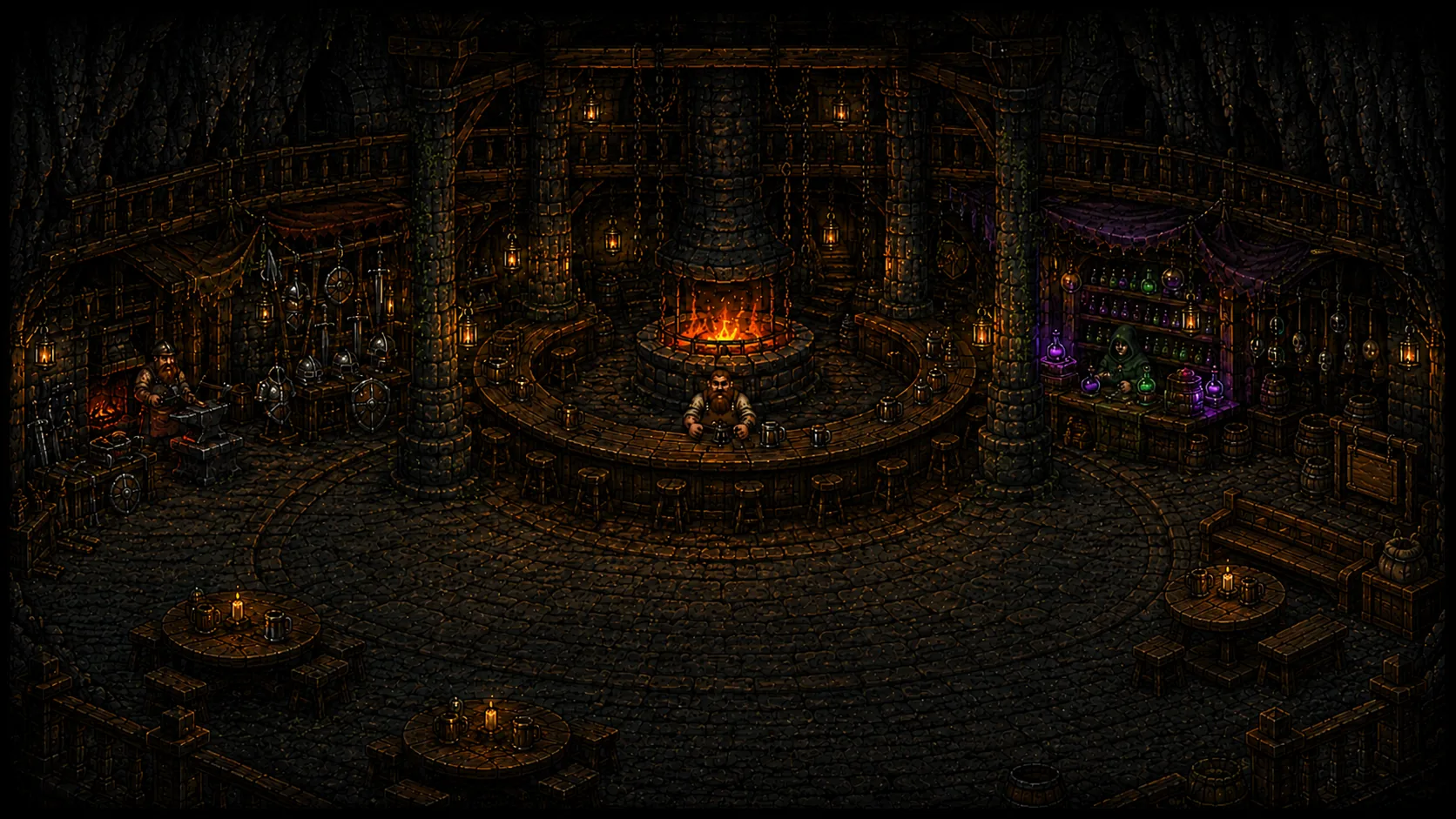 Inside the Last Lantern: a round bar with a great hearth, an armorer's forge and an apothecary stall in a torch-lit stone hall