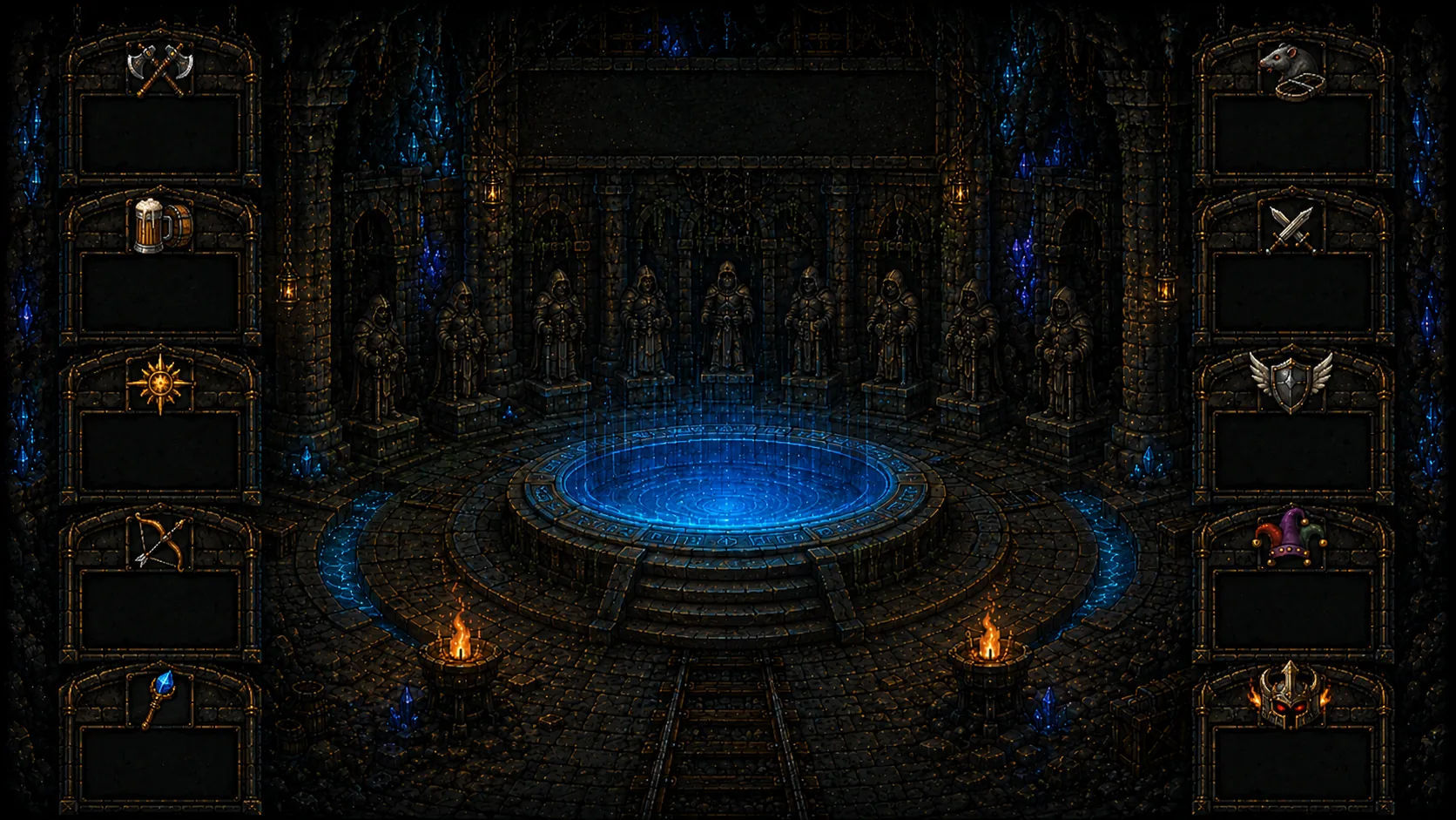 The mint mine: a glowing summoning pool ringed by hooded statues, with ten class shrines carved into the walls